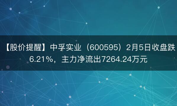 【股价提醒】中孚实业（600595）2月5日收盘跌6.21%，主力净流出7264.24万元